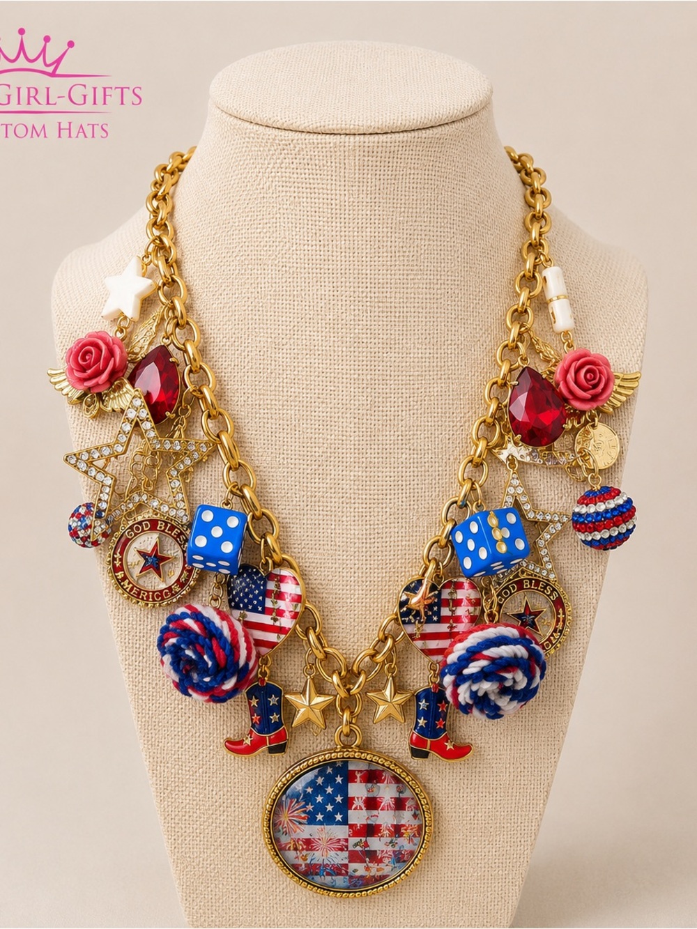 Gypsy South Patriotic Charm Statement Necklace | Red White Blue USA boots guitar